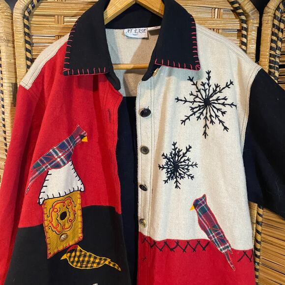 At Ease Wool Appliqué Winter Birds Patchwork Jacket 1X Missing Button vintage - Picture 5 of 8